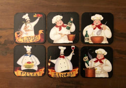 Set of 6 Custom Wood Coasters|Handmade Chef Themed Coaster Set|Crazy Chef's Coasters|Fat Chef Gifts|Unique New Home Gifts|Cute Home Decor