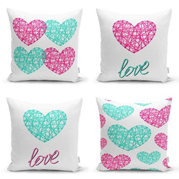 Set of 4 Valentine's Day Pillow Covers|Turquoise and Pink Love Heart Home Decor|Love Print Romantic Cushion Case|Anniversary Gift for Wife