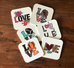 Set of 6 Love Themed Drink Coaster Set|Romantic Home Decor|Handmade Coffee Table Decor|New Home Gift For Women|Valentine's Day Coaster Set