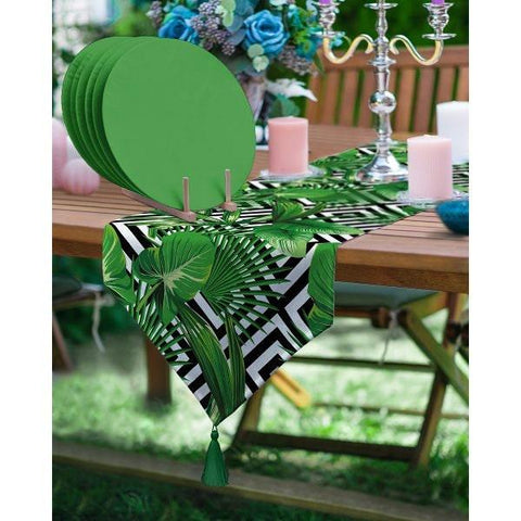 Floral Table Runner & Placemat Set|Summer Tabletop|Set of 6 Supla Table Mat|Flowers with Green Leaves Runner and American Service Underplate