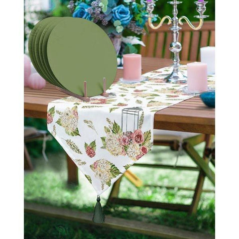 Green Floral Runner & Placemat Set|Tropical Tabletop|Set of 6 Supla Table Mat|Triangle Runner with Leaves and American Service Underplate