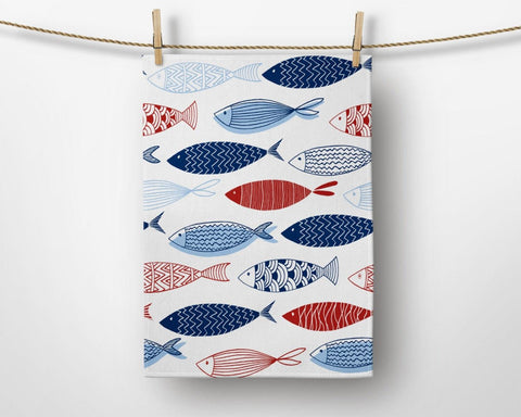 Fish Hand Towel|Nautical Kitchen Towel|Blue Gray Red Dish Towel|Decorative Tea Towel|Housewarming Beach House Hand Towel|Coastal Dishcloth