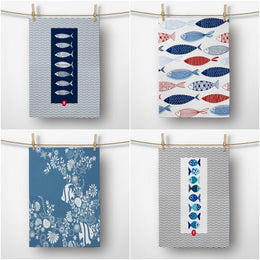 Fish Hand Towel|Nautical Kitchen Towel|Blue Gray Red Dish Towel|Decorative Tea Towel|Housewarming Beach House Hand Towel|Coastal Dishcloth