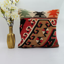 Turkish Kilim Pillow Cover|Abstract Design Kelim Cushion Case|Ottoman Rug Throw Pillow Top|Handwoven Anatolian Decor|Vintage Cushion 16x16