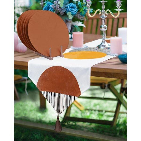 Abstract Shapes Runner & Placemat Set|Decorative Tabletop|Set of 6 Supla Table Mat|Brown Orange Table Runner and American Service Underplate