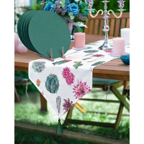 Cactus Table Runner & Placemat Set|Succulent Tabletop|Set of 6 Supla Table Mat|Green Pink Cactus Tablecloth and American Service Underplate