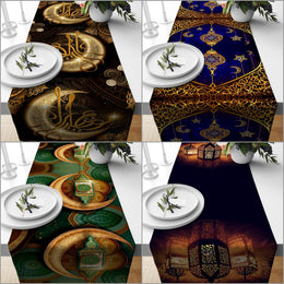 Islamic Table Runner|Religious Motif Table Centerpiece|Black Gold Green Ramadan Kareem Tablecloth|Mystic Home Decor|Gift for Muslim Neighbor