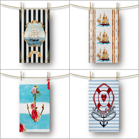 Nautical Hand Towel|Sailboat Print Dish Towel|Floral Navy Anchor Coastal Tea Towel|Love Sailor Print Summer Trend Towel|Restaurant Towel