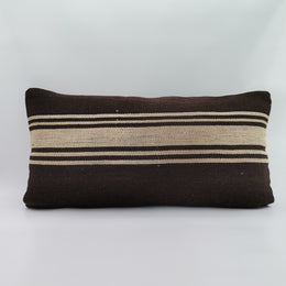Turkish Kilim Pillow Cover|Brown Kelim Cushion with Beige Stripes|Ottoman Rug Lumbar Pillow|Handwoven Anatolian Decor|Vintage Cushion 12x24