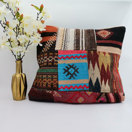 Handwoven Rug Cushion Case|Vintage Kilim Pillow Cover|Colorful Anatolian Throw Pillow Top|Turkish Kelim Cushion|Patchwork Kilim Decor 20x20
