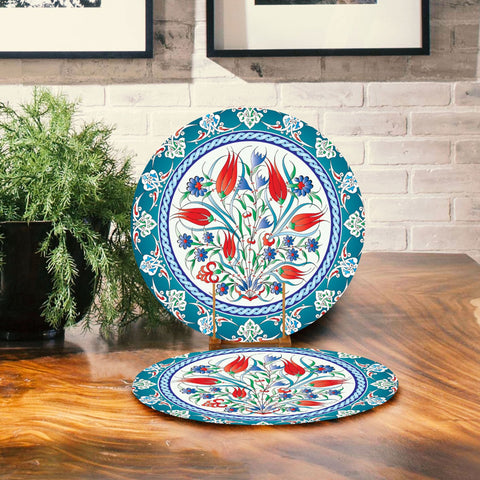 Set of 2 Tulip Placemat|Tulip Tile Pattern Table Decor|Summer Trend Supla Table Mat|Decorative Floral Round Dining Underplate and Coasters
