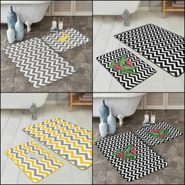 Set of 2 Flamingo Bath Mat|Non-Slip Bathroom Decor|Zigzag Pattern Bath Rug|Rectangle Kitchen Floor Mat|Absorbent Shower Home Entrance Carpet