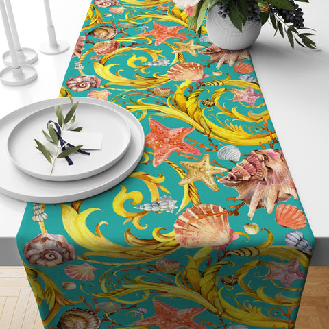 Beach House Table Runner|Starfish and Seahorse Table Top|Coral Print Home Decor|Orange Nautical Tablecloth|Fish Kitchen Decor|Coastal Runner