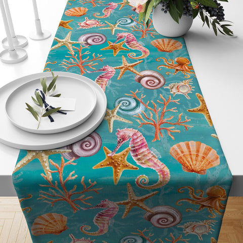 Beach House Table Runner|Starfish and Seahorse Table Top|Coral Print Home Decor|Orange Nautical Tablecloth|Fish Kitchen Decor|Coastal Runner