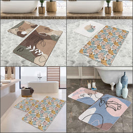 Set of 2 Abstract Onedraw Bath Mat|Non-Slip Bathroom Decor|Abstract Flower and Woman Face Drawing Floor Mat|Rectangle Shower Entrance Rug