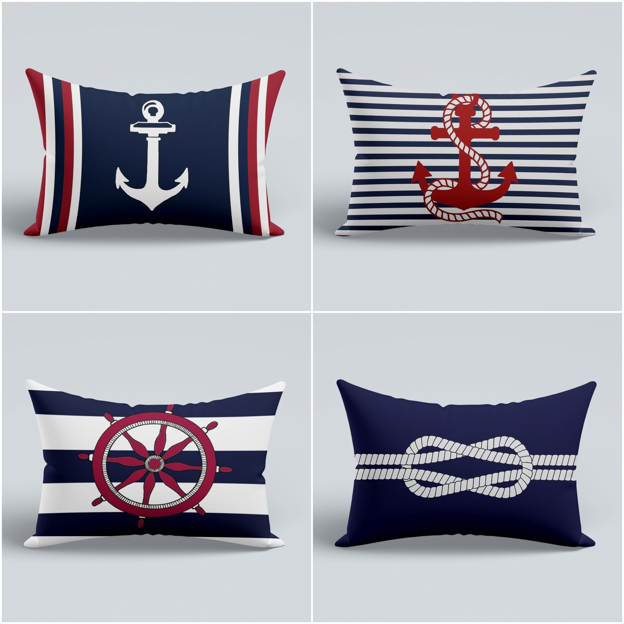 Nautical Lumbar Pillow Case with Anchor, Wheel and Sailor Tie Akasia