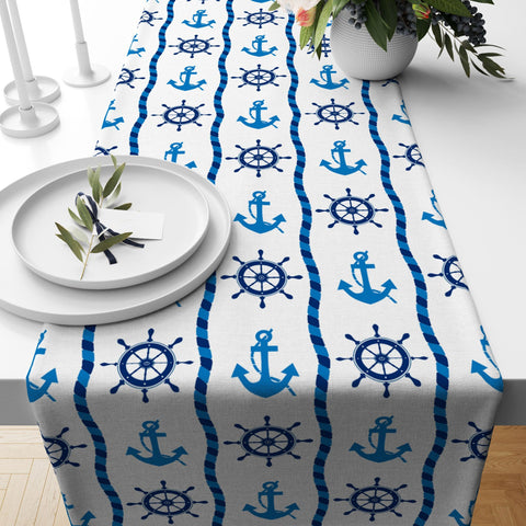 Nautical Table Runner|Blue White Wheel and Anchor Tabletop|Sailor Tie Tablecloth|Navy Marine Table Centerpiece|Decorative Beach House Runner