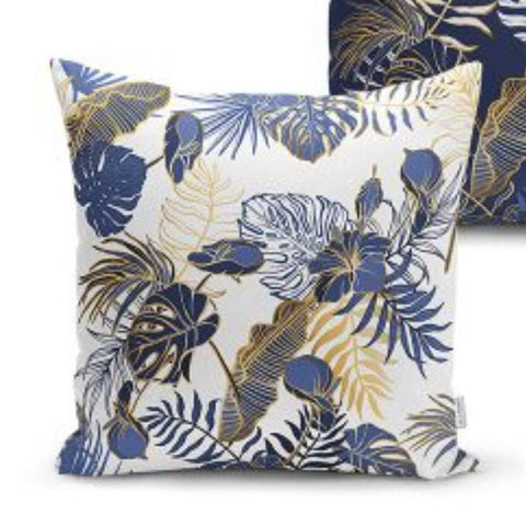 Set of 4 Plant Pillow Covers and 1 Table Runner|Blue Gold Leaves Home Decor|Decorative Tropical Leaf Tabletop|Floral Cushion and Runner Set