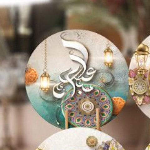 Islamic Placemat|Set of 6 Eid Mubarak Supla Table Mat|Ramadan Kareem Round Dining Underplate|Mystic Motif and Lantern Printed Coaster Set