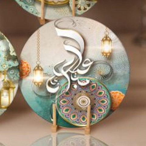 Islamic Placemat|Set of 6 Eid Mubarak Supla Table Mat|Ramadan Kareem Round Dining Underplate|Mystic Motif and Lantern Printed Coaster Set