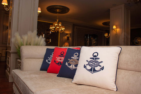 Embroidered Luxury Yacht Pillow Cover|Water Repellent Anchor Pillowtop|Abrasion Resistant Nautical Cushion Cover|Flame Retardant Pillowcase