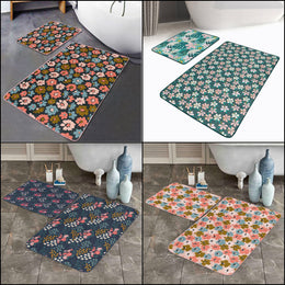 Set of 2 Floral Bath Mat|Non-Slip Bathroom Decor|Decorative Bath Rug|Colorful Kitchen Floor Mat|Absorbent Shower and Home Entrance Carpet