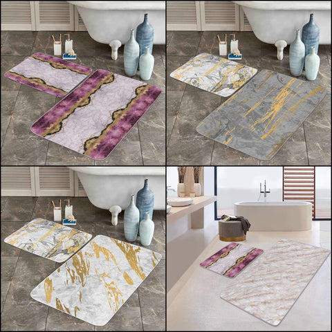 Set of 2 Marble Pattern Bath Mat|Non-Slip Bathroom Decor|Purple Gray Gold Bath Rug|Kitchen Floor Mat|Abstract Home, Shower Entrance Carpet