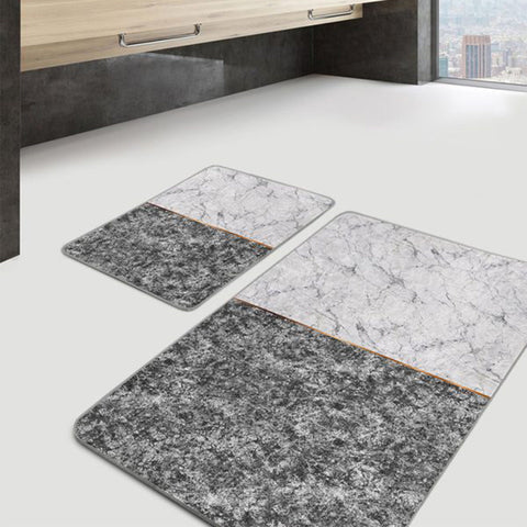 Set of 2 Marble Pattern Bath Mat|Non-Slip Bathroom Decor|Gray Gold Bath Rug|Rectangle Kitchen Floor Mat|Abstract Home,Shower Entrance Carpet