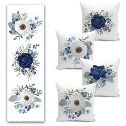 Set of 4 Floral Pillow Covers and 1 Table Runner|White Blue Home Decor|Decorative Flower Painting Tablecloth|Rose Print Cushion and Runner
