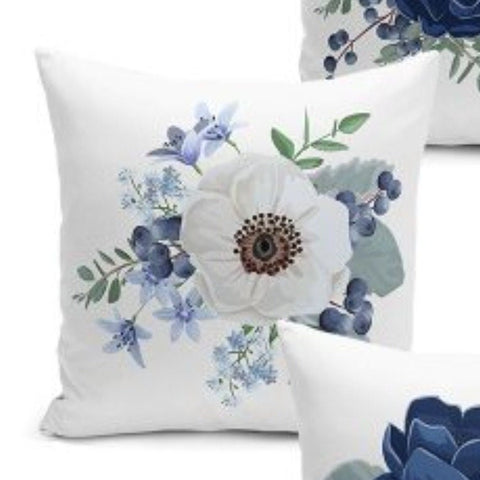 Set of 4 Floral Pillow Covers and 1 Table Runner|White Blue Home Decor|Decorative Flower Painting Tablecloth|Rose Print Cushion and Runner