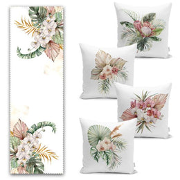 Set of 4 Floral Pillow Covers and 1 Table Runner|Green Leaves Home Decor|Decorative Pinky Flowers Tablecloth|Floral Cushion and Runner Set