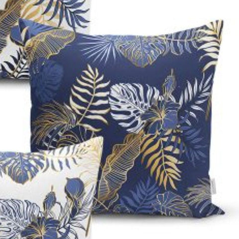 Set of 4 Plant Pillow Covers and 1 Table Runner|Blue Gold Leaves Home Decor|Decorative Tropical Leaf Tabletop|Floral Cushion and Runner Set
