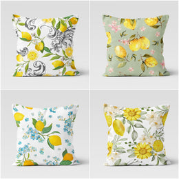 Floral Lemon Pillow Cover|Lemons and Flowers Throw Pillow Case|Housewarming Yellow Citrus Print Home Decor|Farmhouse Style Cushion Cover