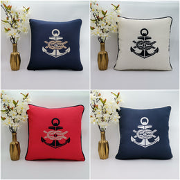Embroidered Luxury Yacht Pillow Cover|Water Repellent Anchor Pillowtop|Abrasion Resistant Nautical Cushion Cover|Flame Retardant Pillowcase