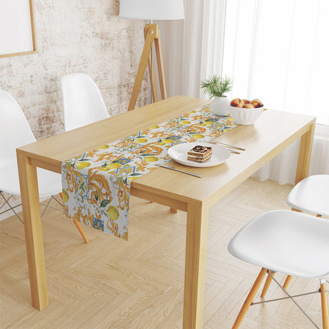 Luxury Lemon Table Runner|Ethnic Pattern Lemon Table Decor|Fresh Citrus Tablecloth|Farmhouse Style Runner|Floral Lemon Green Leaf Tabletop
