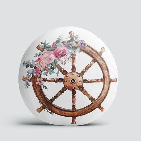 Set of 4 Nautical Round Pillow Case|Floral Anchor and Wheel Circle Pillow Top|Decorative Beach House Cushion|Flowers with Anchor Wheel Decor