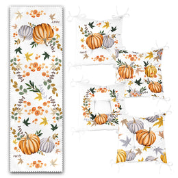 Set of 4 Puffy Chair Pads and 1 Table Runner|Fall Trend Chair Cushion and Tabletop Set|Floral Orange Gray Pumpkin Seat Pad and Tablecloth