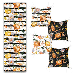Set of 4 Puffy Chair Pads and 1 Table Runner|Fall Trend Chair Cushion and Tabletop Set|Striped Orange Gray Pumpkin Seat Pad and Tablecloth