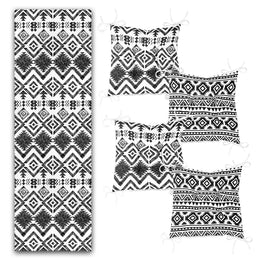 Set of 4 Puffy Chair Pads and 1 Table Runner|Nordic Scandinavian Seat Pad and Tablecloth|Ethnic Aztec Print Southwestern Chair Cushion Set