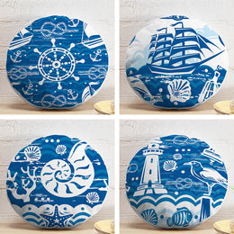 Set of 4 Nautical Round Pillow Case|Blue White Ship Lighthouse Wheel Circle Pillow Cover|Decorative Beach House Cushion|Round Cushion Cover
