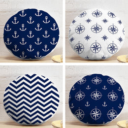 Set of 4 Nautical Round Pillow Case|Navy Blue Anchor Compass Circle Pillow|Decorative Beach House Cushion|Zigzag Coastal Outdoor Pillowcase