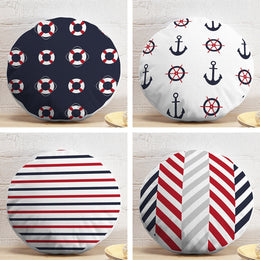 Set of 4 Nautical Round Pillow Case|Navy Blue Red Life Saver Anchor and Wheel Print Circle Pillowtop|Beach House Striped Round Cushion Cover