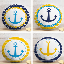 Set of 4 Nautical Round Pillow Case|Blue Yellow Anchor Print Circle Pillow|Decorative Beach House Cushion|Summer Trend Coastal Home Decor