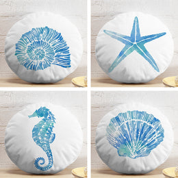 Set of 4 Beach House Round Pillow Case|Seashell Starfish Seahorse Oyster Print Circle Pillow Cover|Summer Trend Nautical Round Cushion Cover