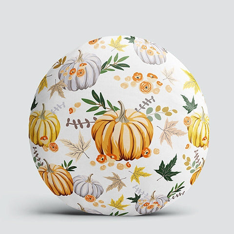Set of 4 Fall Trend Round Pillow Case|Floral Pumpkin Print Circle Pillow Top|Decorative Autumn Cushion Cover|Orange Gray Pumpkin Home Decor