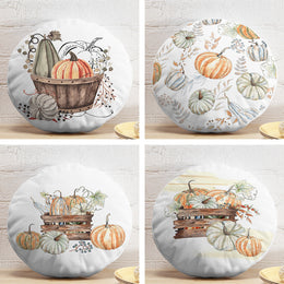 Set of 4 Fall Trend Round Pillow Case|Pumpkin Print Circle Pillow Top|Decorative Autumn Cushion Cover|Orange Green Pumpkin with Leaves Decor