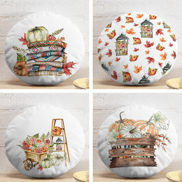 Set of 4 Fall Trend Round Pillow Case|Floral Pumpkin Print Circle Pillowtop|Decorative Autumn Cushion Cover|Orange Green Pumpkin with Leaves