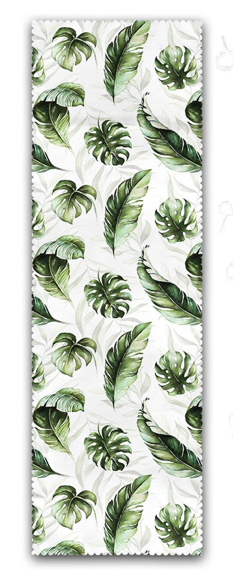 Set of 4 Puffy Chair Pads and 1 Table Runner|Tropical Leaves Chair Cushion and Tabletop Set|Green Leaves Print Seat Pad and Tablecloth