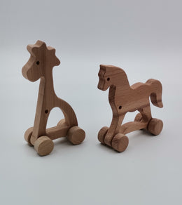 Set of 2 Wooden Animal Push Toys|Birthday Gift For Kids|Wooden Horse and Giraffe|Grasping Toy|Miniature Animals|Montessori Toy|Waldorf Toy