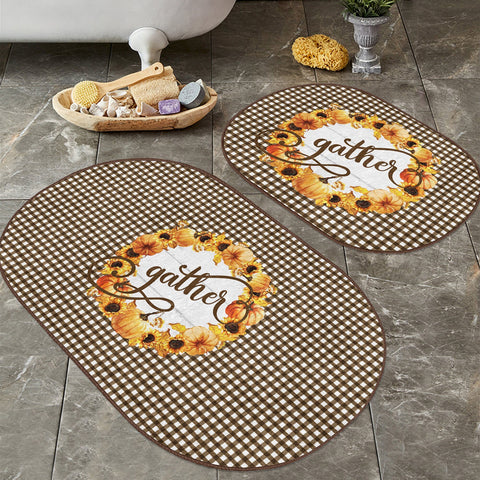Set of 2 Thanksgiving Bath Mat|Non-Slip Bathroom Decor|Autumn Bath Rug|Fall Trend Pumpkin Kitchen Mat|Oval Shower and Home Entrance Carpet